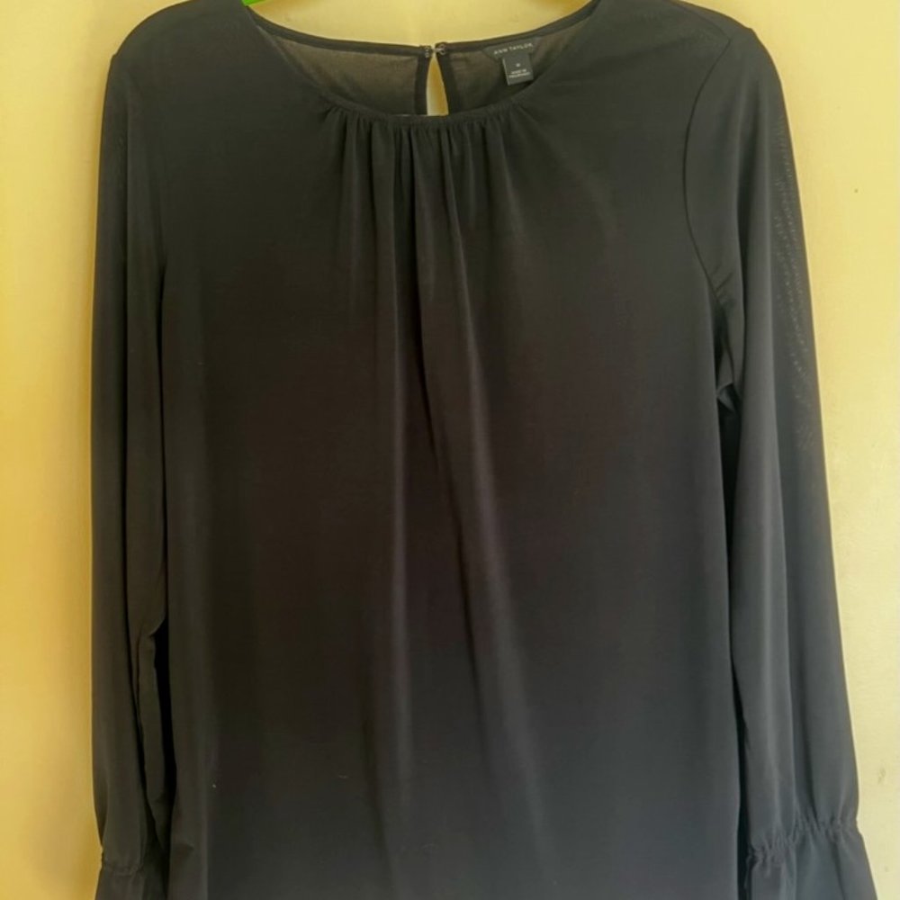 black pleat neck blouse with loose sleeves